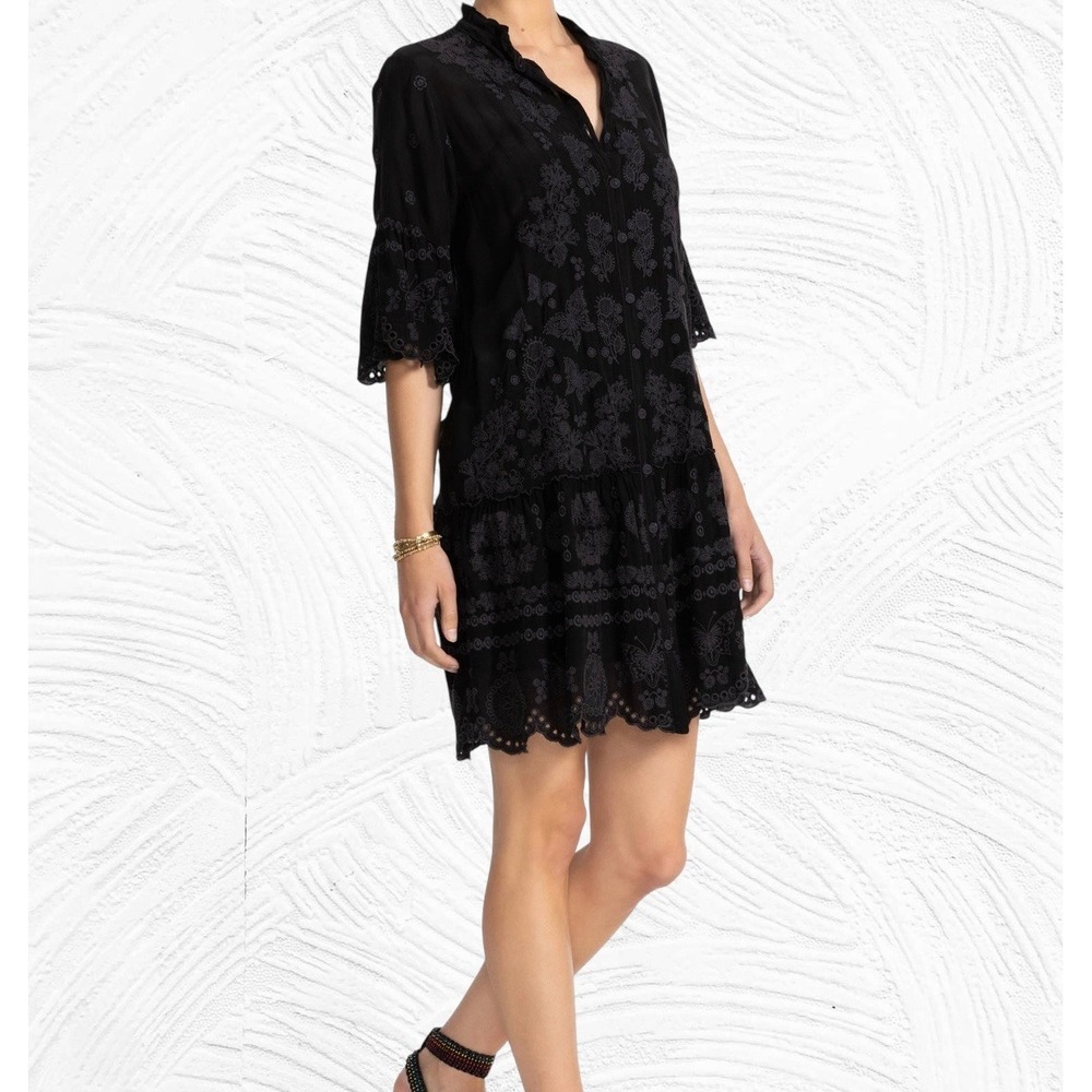 Johnny Was GRACIE Dress Black Embroidered Eyelet PLarge Floral Butterfly Boho